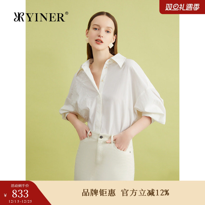 YINER音儿女装夏季立体蕙兰花刺绣衬衫松弛感蝙蝠袖上衣