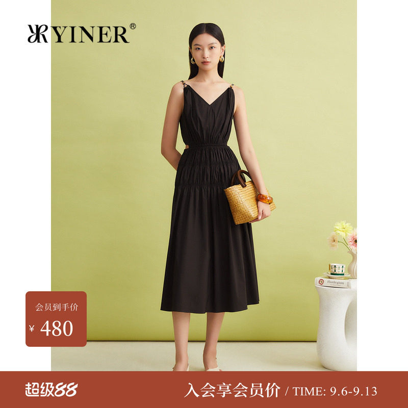 YINER音儿女装夏季棉锦弹力法式优雅双肩带气质吊带连衣裙图片