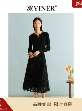 YINER音儿女装冬季含绵羊毛拼接镂空压褶针织连衣裙