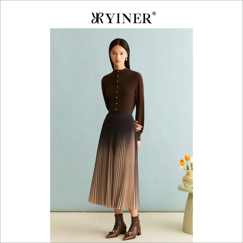 YINER音儿冬季女装法式压褶渐变色收褶优雅A字半身裙