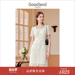 夏季 山茶花系列 Goodland美地女装 方领蕾丝风连衣裙