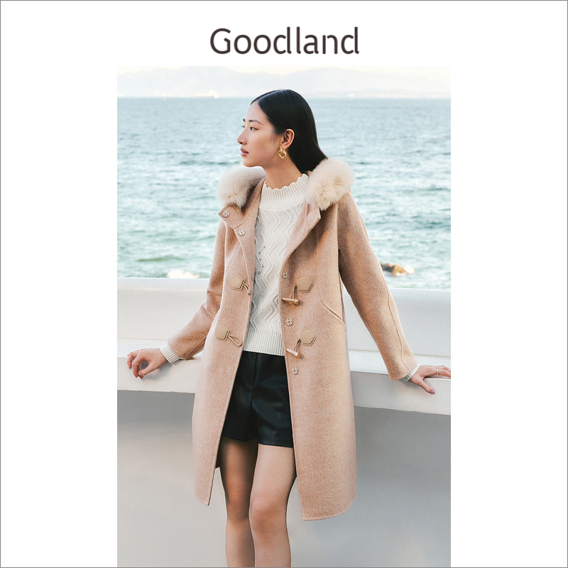 【绵羊毛+桑蚕丝】Goodland美地女装冬季兔毛美拉德毛呢大衣
