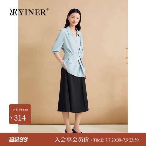YINER音儿女装春季时尚法式不对称倒褶收腰海鸥领衬衫上衣