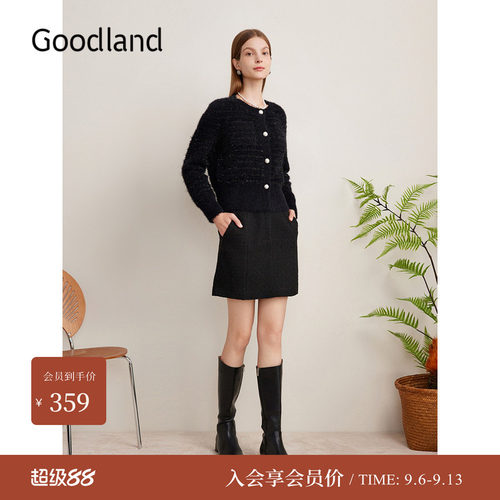 Goodland美地秋季闪闪花纱小香风毛针织开衫薄外套长袖