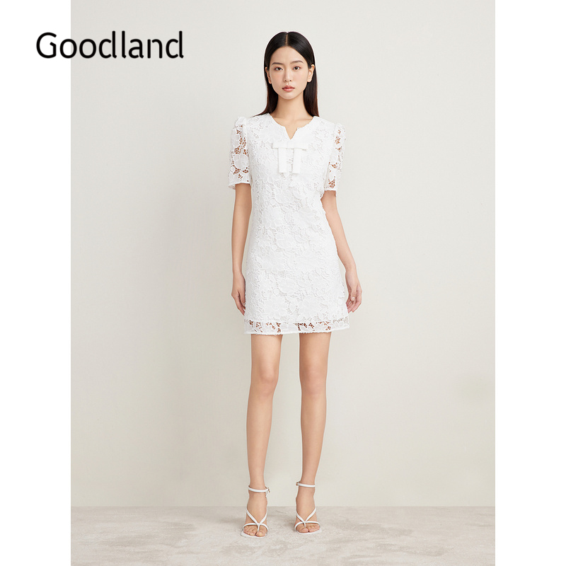Goodland美地夏季法式蕾丝微收腰仙女连衣裙