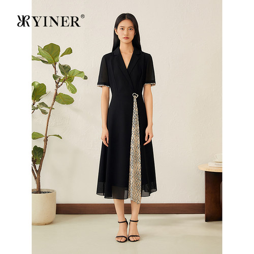 YINER音儿专选夏季新款法式流光银丝logo印花西装领连衣裙