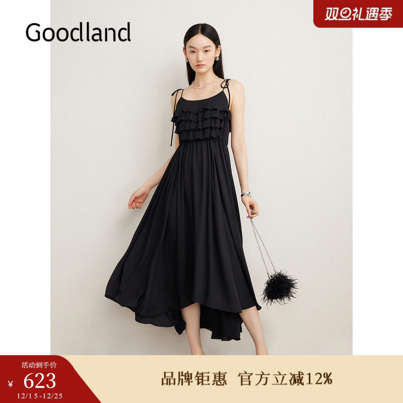 Goodland美地夏季法式小黑裙收腰吊带连衣裙