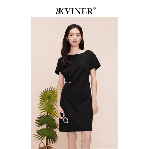 YINER音儿专选女装夏季法式钉珠收褶H型小黑裙收褶连衣裙