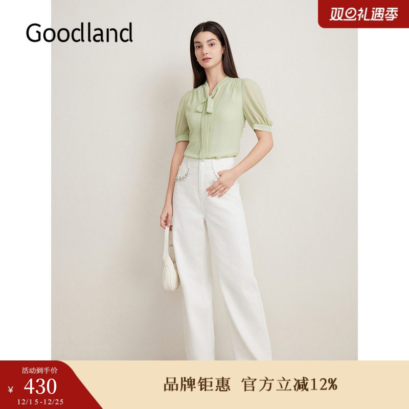 Goodland美地夏季法式系带领衬衫清新绿上衣