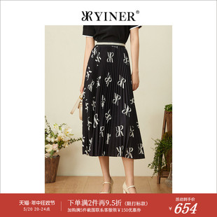 过膝百褶字母印花半身裙 新款 夏季 YINER音儿女装