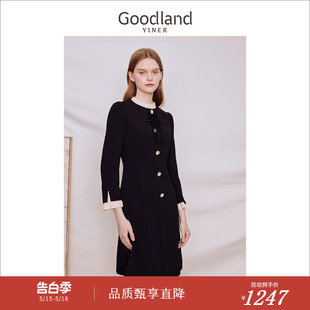 2023秋季 Goodland美地女装 撞色压褶蝴蝶结领木耳花边连衣裙