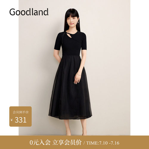 【新中式】Goodland美地夏季镂空领A字网纱收腰连衣裙