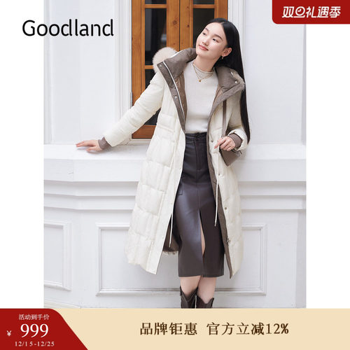 Goodland美地女装冬季时尚狐狸毛领中长款高克重白鸭绒羽绒服