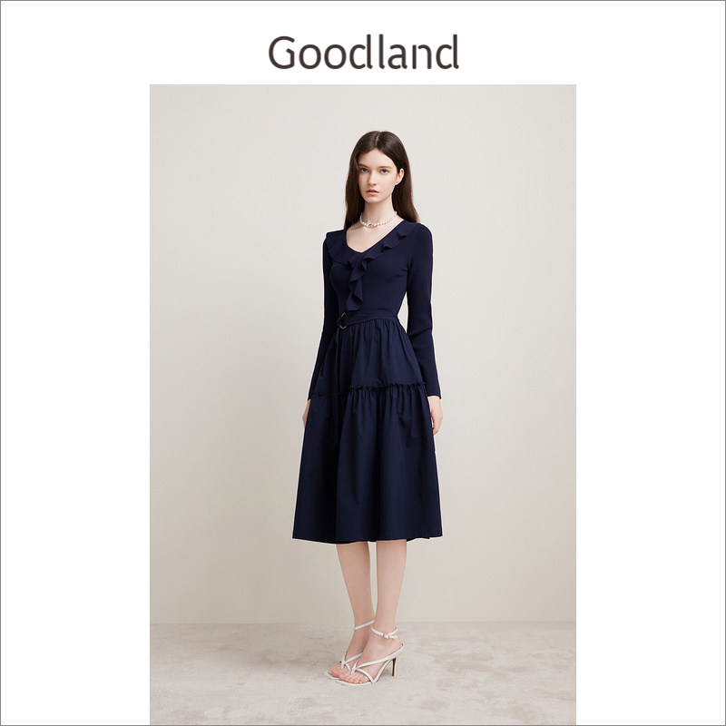Goodland美地女装春季法式优雅宫廷假两件小A摆连衣裙长袖图片