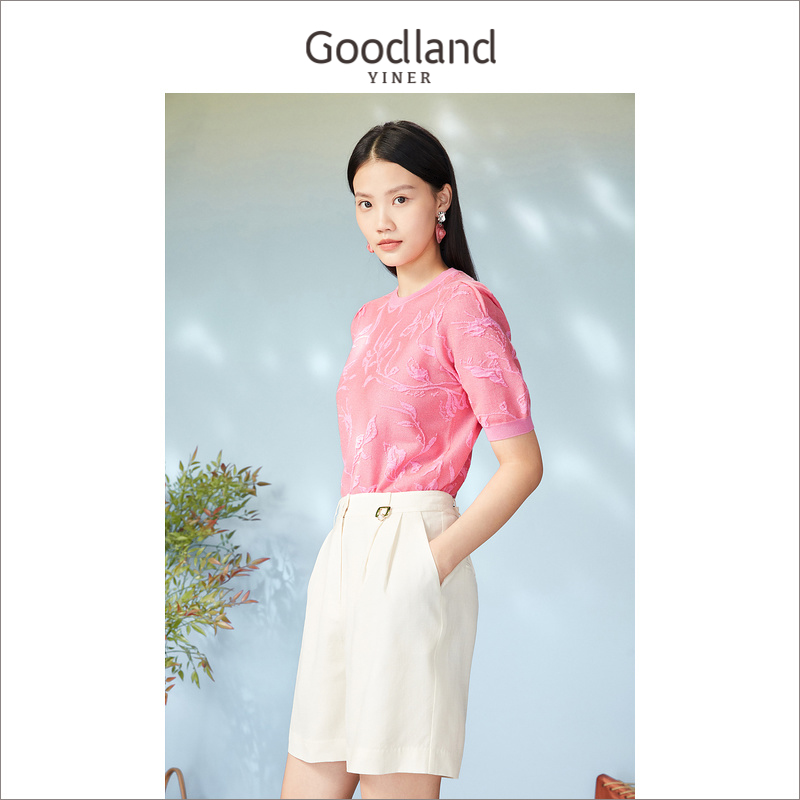 Goodland美地女装春秋鸢尾花提花天丝混纺圆领针织衫套头