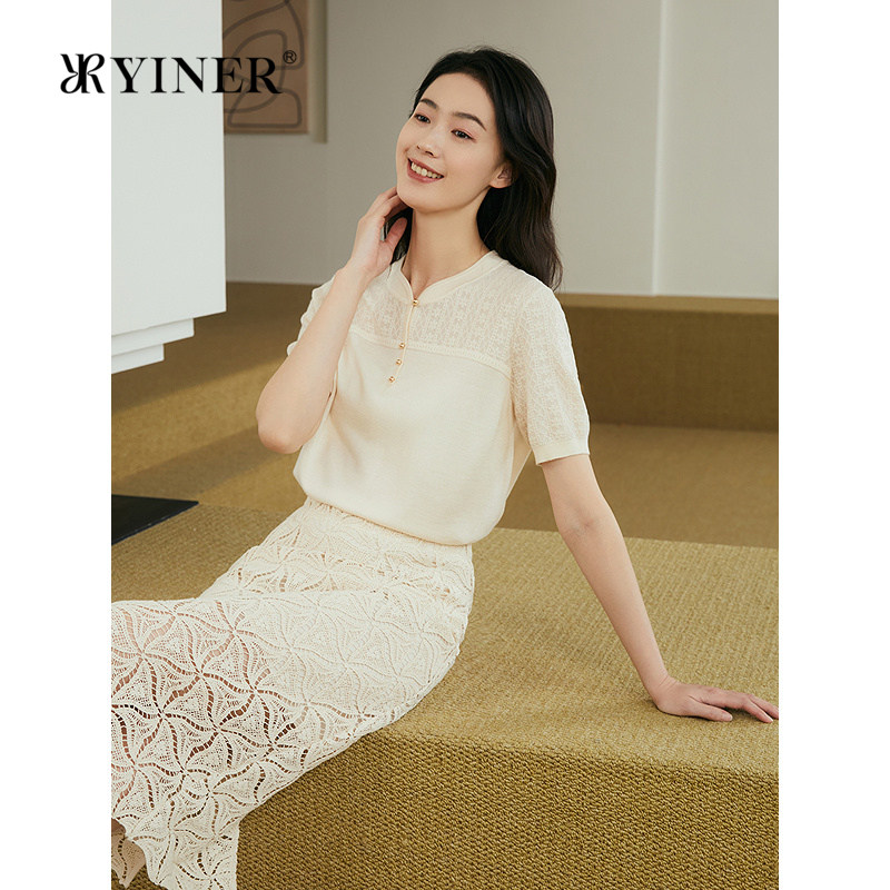 YINER音儿专选夏季新款新中式立领蚕丝羊毛混纺针织衫套头