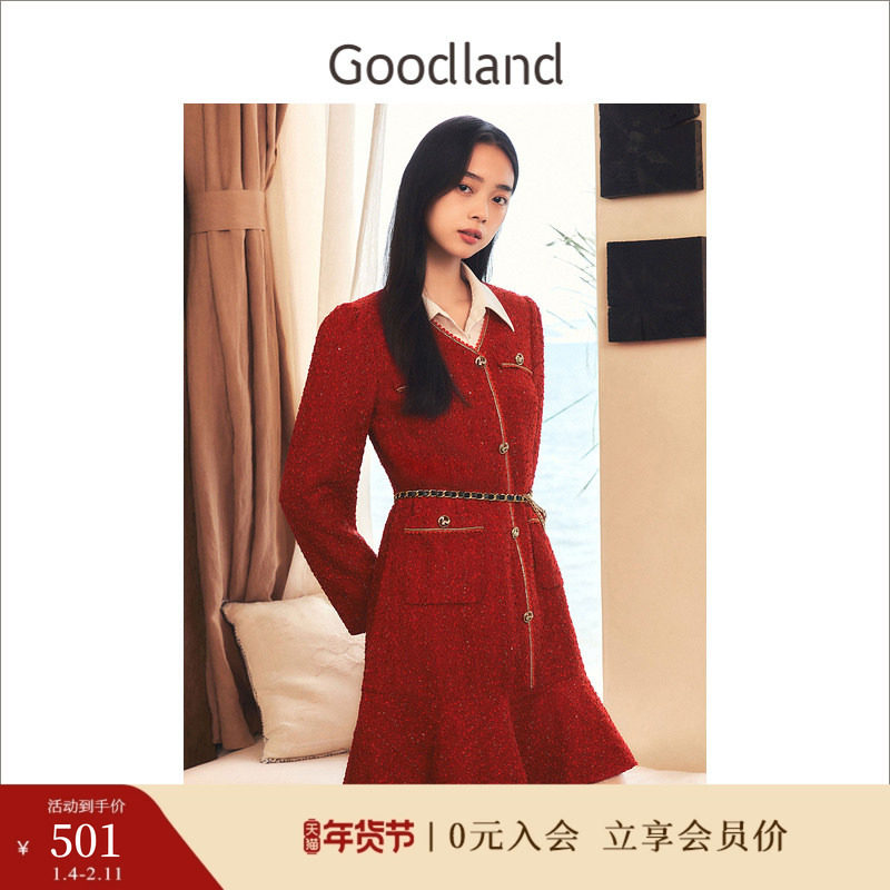 【中国红】Goodland美地冬季小香风金属闪丝花纱连衣裙,女装/女士精品,连衣裙,淘宝优惠券,粉丝福利购,淘宝优惠卷