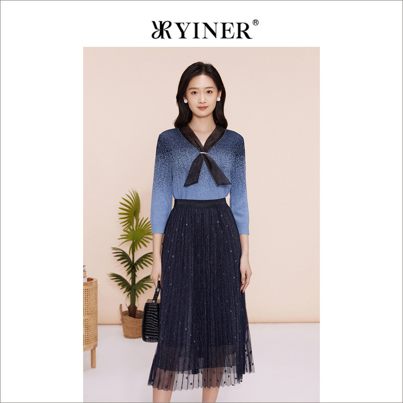 YINER音儿专选女装春季飘带领结渐变色针织衫套头上衣