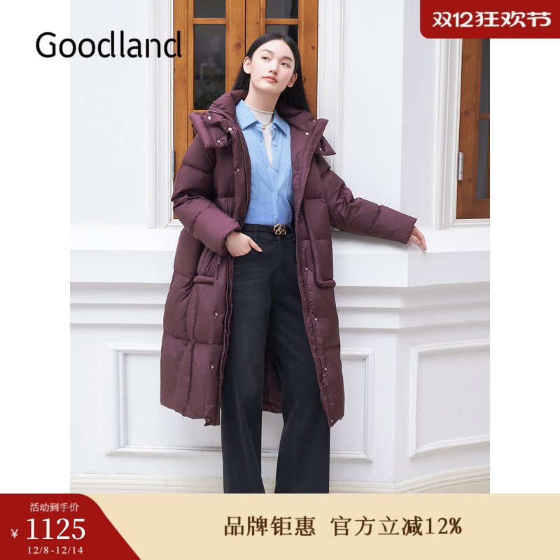 【安可拉红】Goodland美地女装冬季时尚长款过膝加厚保暖羽绒服