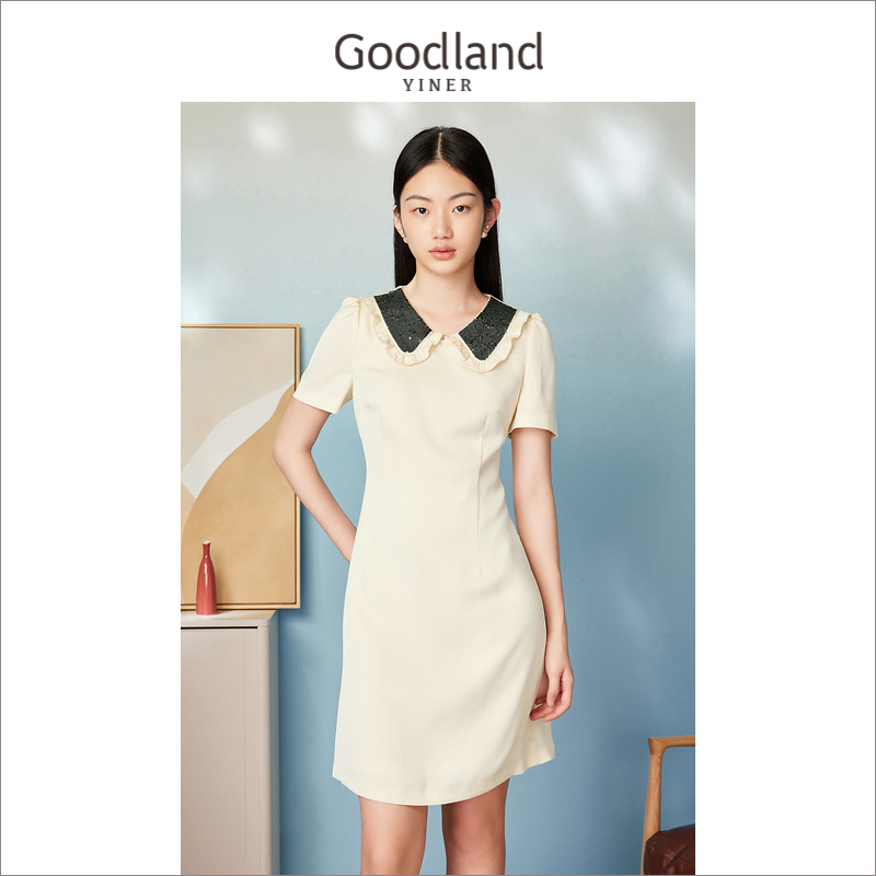 Goodland美地女装夏季撞色绣珠片领收腰修身连衣裙