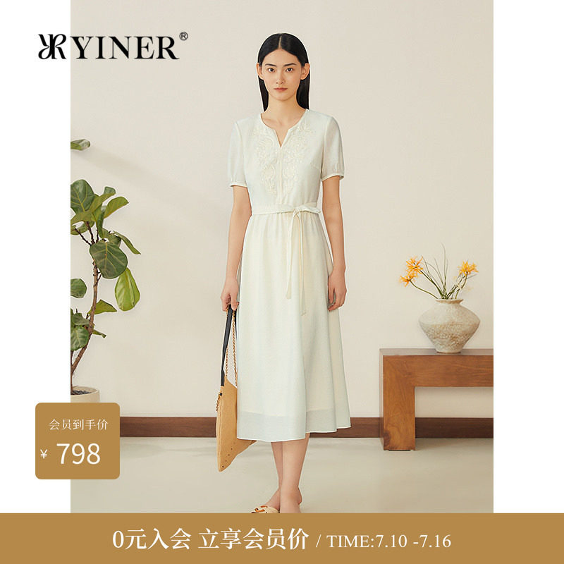 【醋酸系列】YINER音儿专选夏新款海棠刺绣灯笼花苞袖连衣裙