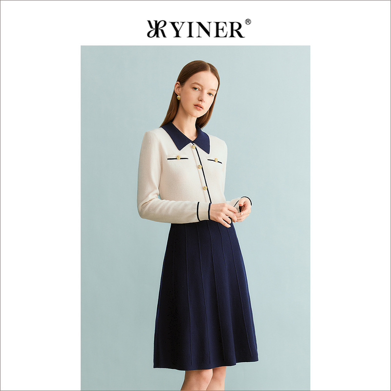 YINER音儿专选女装冬季时尚撞色POLO领羊毛针织连衣裙