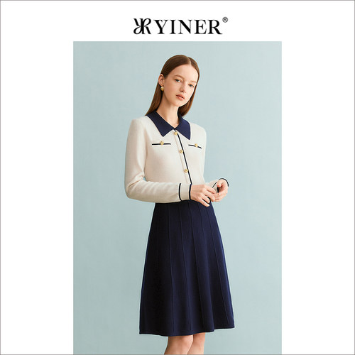 YINER音儿专选女装冬季时尚撞色POLO领羊毛针织连衣裙