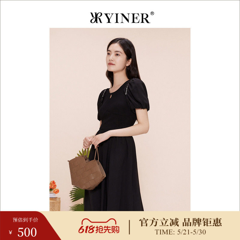 YINER音儿专选女装夏季优雅轻甜收腰钉珠小黑裙公主袖连衣裙