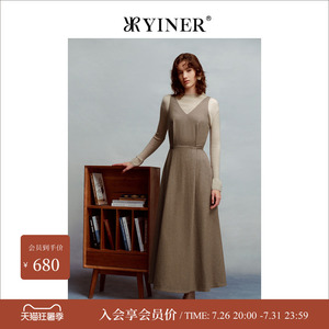 YINER音儿女装冬季无袖V领绵羊毛收腰A字连衣裙