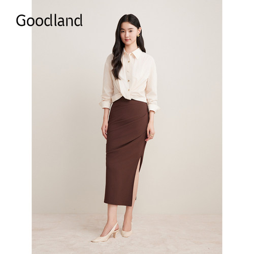 Goodland美地秋季法式松弛感小尖领衬衫收褶上衣长袖