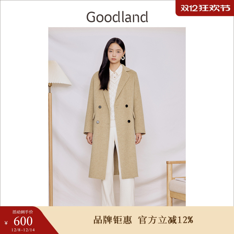 【绵羊毛+桑蚕丝】Goodland美地女装冬长款西装领双面呢大衣外套