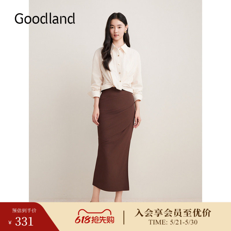 Goodland美地春季不规则打褶侧开衩包臀针织半身裙