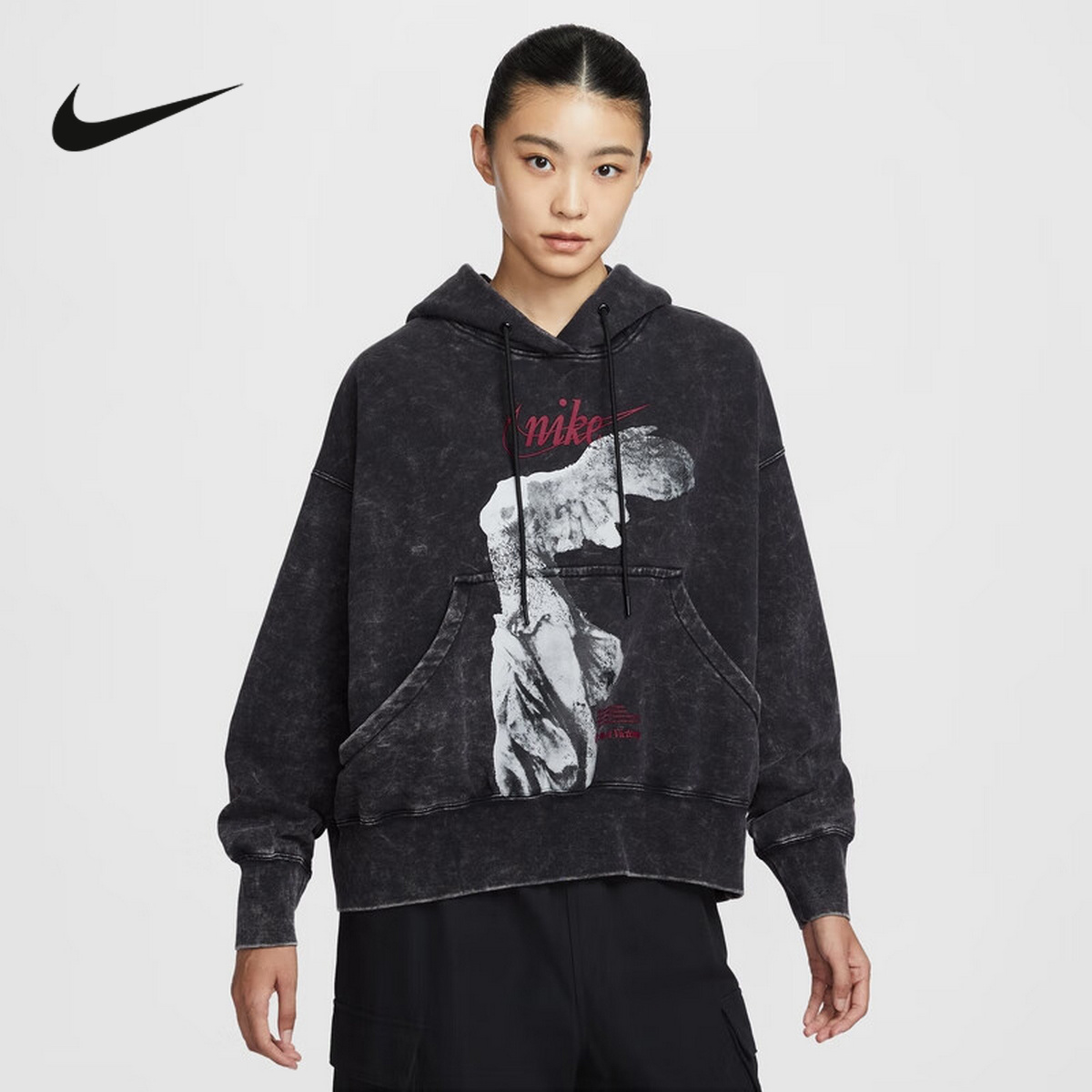 NIKE耐克女卫衣冬新款复古做旧天使女神宽松套头连帽衫IO0489-010