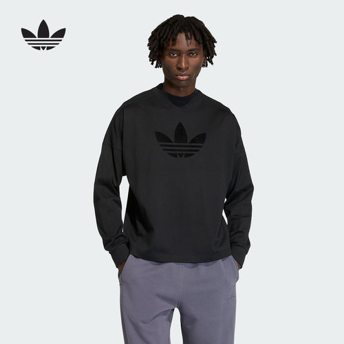 adidas阿迪达斯三叶草大LOGO黑色上衣ESSENTIALS男长袖T恤 KD6575
