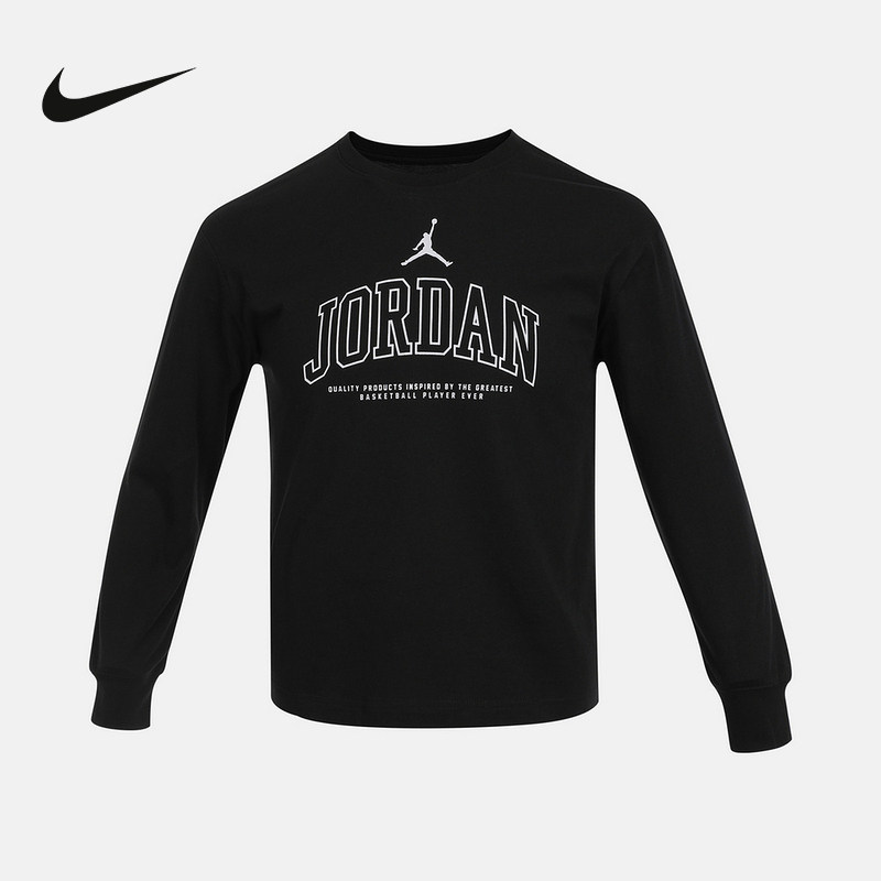 Jordan耐克新款大童时尚针织简约运动长袖男生黑色T恤 FZ1870-010