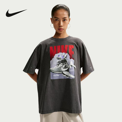 NIKE耐克女子印花T恤夏季宽松棉质上衣休闲短袖针织衫IR7588-060