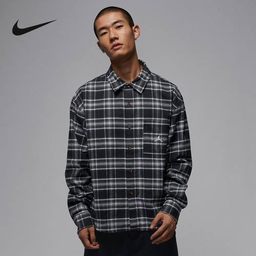 NIKE耐克男子长袖翻领格子衬衫26春新款Jordan印花上衣IF1858-010