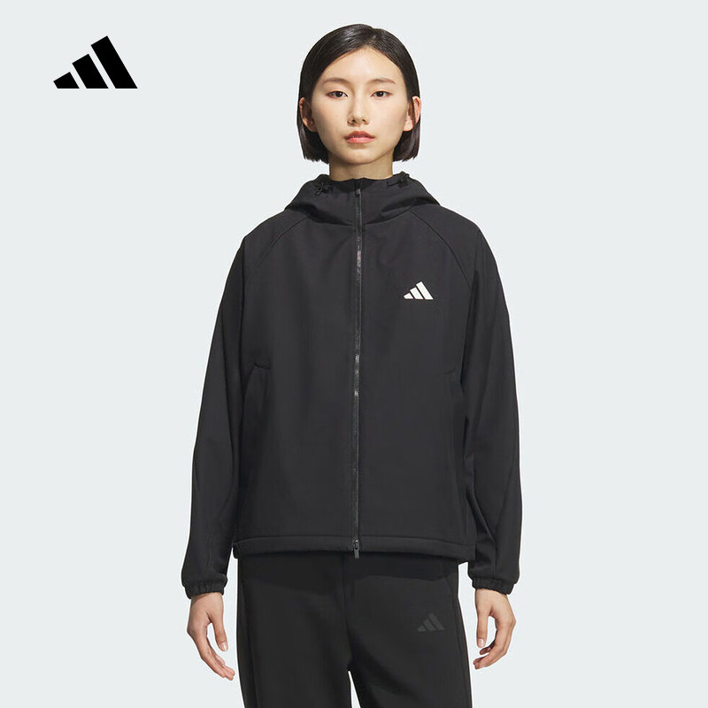 adidas阿迪达斯黑色连帽户外训练服外套2025冬女梭织夹克KC0054
