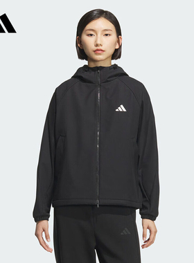 adidas阿迪达斯黑色连帽户外训练服外套2025冬女梭织夹克KC0054
