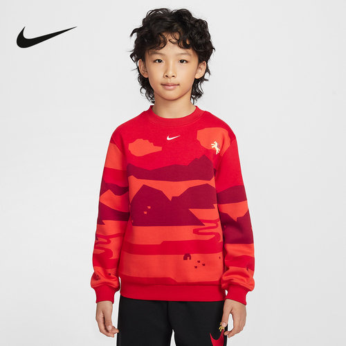 NIKE耐克红色卫衣男女童马年新年款CNY大童加绒运动衫IQ3930-657