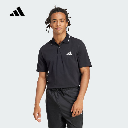 adidas阿迪达斯短袖黑色POLO衫男装25春夏新款翻领休闲T恤JE9023