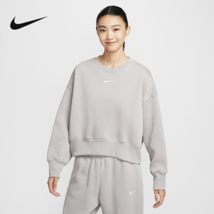 Nike耐克加绒卫衣女冬新款刺绣小勾宽松圆领运动套头衫DQ5762-009