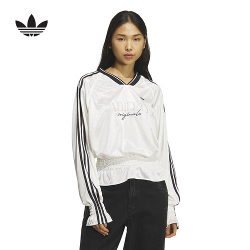 adidas阿迪达斯三叶草抽褶针织宽松球衣T恤春夏女长袖上衣 KS2879