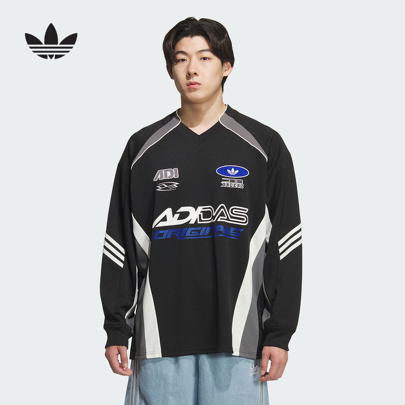 adidas阿迪达斯三叶草赛车风宽松球衣T恤2025秋男长袖上衣 KF5155