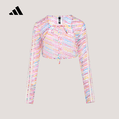 adidas阿迪达斯三条纹舞动系列上衣开衫LOGO满印女长袖T恤 KX8915