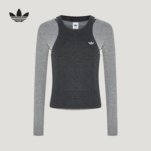 adidas阿迪达斯三叶草上衣秋女修身休闲运动Deluxe针织衫 LE9666