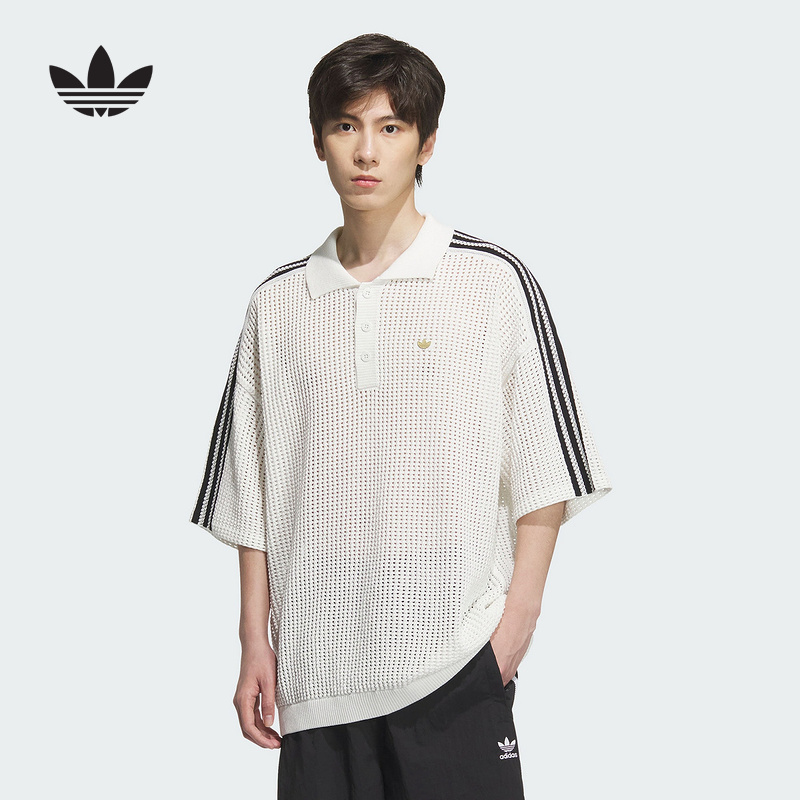 adidas阿迪达斯网眼钩针短袖POLO衫2025秋男三叶草衬衫T恤 KF0403