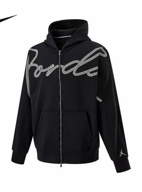 Jordan耐克男女款加绒连帽夹克春新款针织印花休闲外套HF9296-045
