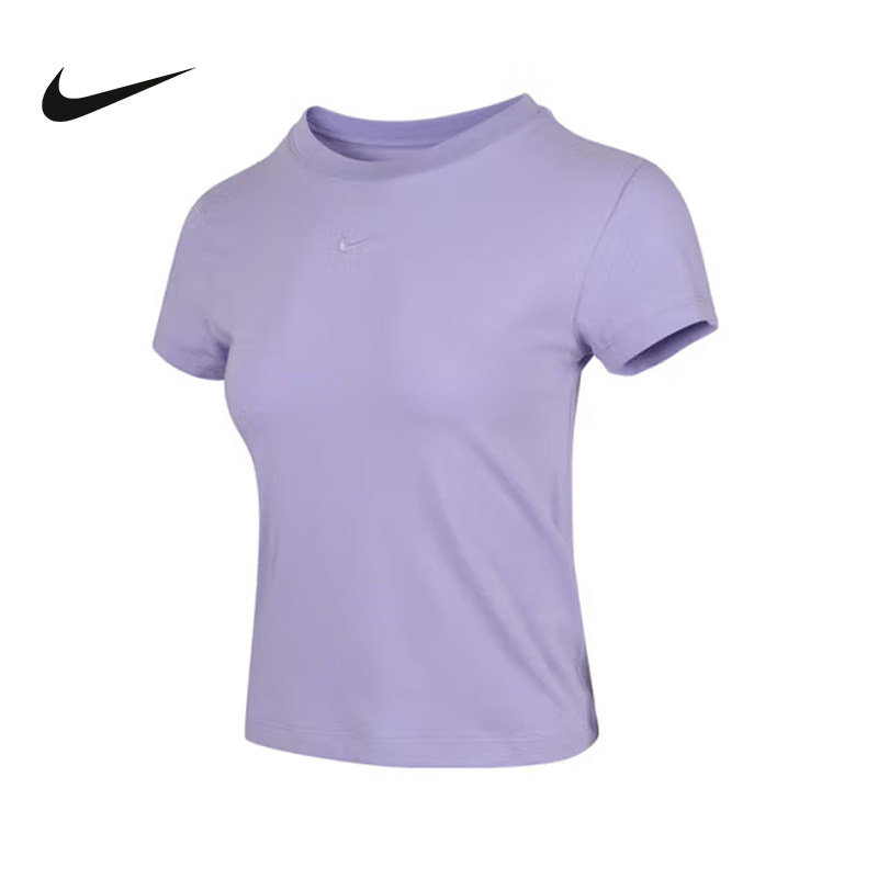 耐克女短袖夏季刺绣LOGO圆领透气高腰半袖紫色运动T恤FV5509-533