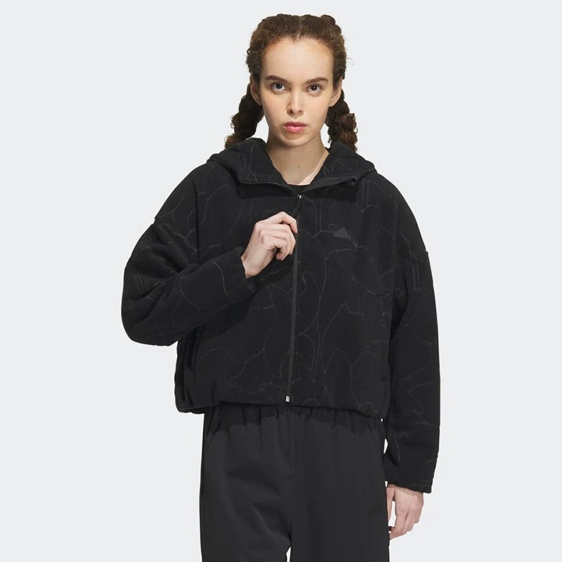 Adidas阿迪达斯抓绒外套女秋冬新款运动服保暖连帽夹克IP7049